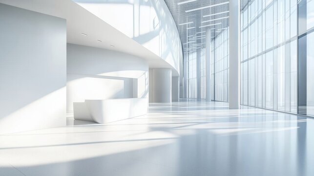 Modern 3D white interior with geometric shapes and ample space for text, perfect for business presentations and marketing.