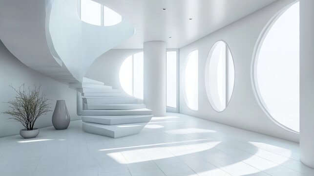 Modern 3D white interior with geometric shapes and ample space for text, perfect for business presentations and marketing.
