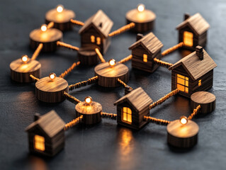 Poster - A group of wooden houses are connected by a string of lights. The houses are all different sizes and shapes, but they all have a similar design. The lights give the scene a warm and cozy feeling