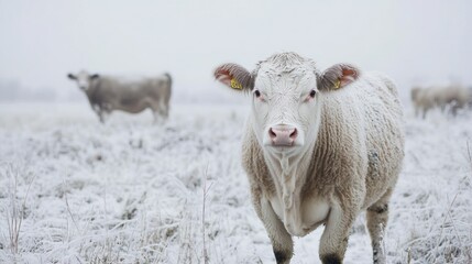 White Cow Standing in Snowy Field