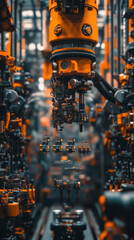 Poster - A robot is seen in a factory with a bunch of other robots. The robot is orange and has a lot of buttons. The factory is filled with orange and black machinery