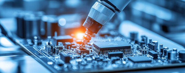 Poster - A blue and silver electronic device with a red light on it. The device is being inspected by a robot