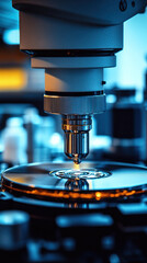 Poster - A microscope is focused on a CD. The CD is being burned with a laser. Concept of technology and the process of creating something new