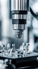 Poster - A machine with a drill bit is used to make holes in a metal object. The object is made of metal and has a silver color