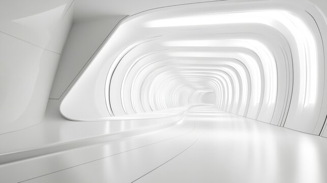 Futuristic 3D white interior space with sharp lines and elegant simplicity, ideal for showcasing text or products.