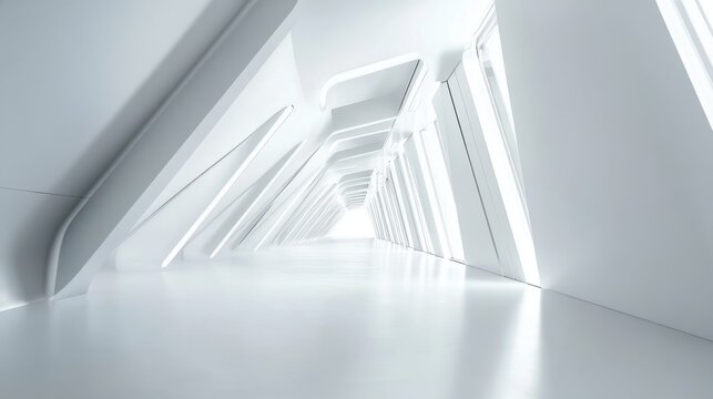 Futuristic 3D white interior space with sharp lines and elegant simplicity, ideal for showcasing text or products.