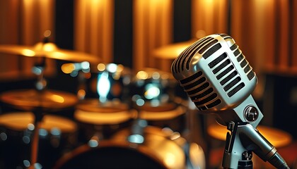 vintage microphone capturing sound in a recording studio with a drum kit in the blurred background