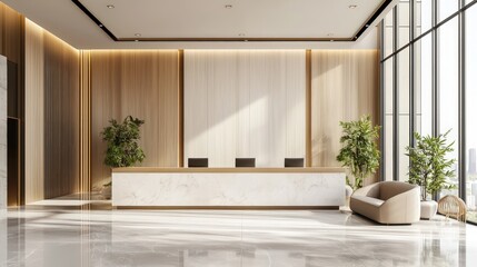 Wall Mural - Modern hotel reception with wood panels and mockup frame,