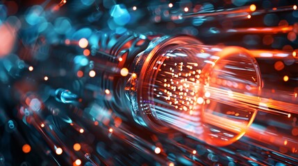 60. Conceptual illustration of fast data fiber transfer, featuring interconnected glowing cables and light pulses