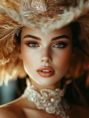 close-up portrait of a glamorous western showgirl, intricate feathered headdress, classic saloon background, bold makeup, retro lighting, cinematic style