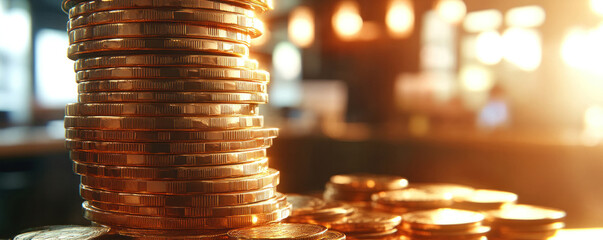Poster - A stack of gold coins on a table. The coins are piled on top of each other, creating a sense of wealth and abundance. The image conveys a feeling of prosperity and success