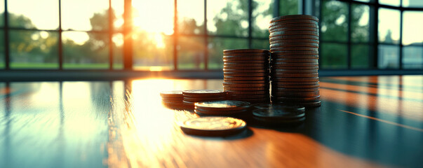 Poster - A pile of coins sits on a table in front of a window. The coins are of different sizes and colors, and they are arranged in a way that they are all facing the same direction