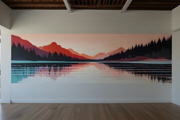 Wall Mural - panoramic view of a minimalist mural filled with clean lines and subtle color gradients Panorama Stitching and RealTime Eye AF capture the expansive and serene nature of the artwork Generative AI