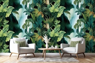 Sticker - Vibrant Rainforest Wallpaper Design in Detailed Watercolor Aesthetic