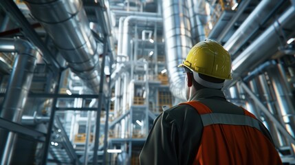 Wall Mural - close-up of industrial pipes of oil refinery, back of engineer, technician, reading drawing, drawing, industrial engineering, blueprint, industrial background.