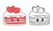 © Ludmila - Cute piece of birthday cake set. Isolated colored and outline stroke baked with strawberries. Sweet kawaii cartoon character food. Line drawing, coloring book. Vector illustration. Kids collection