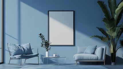 Wall Mural - Scandinavian Living Room in Modern Blue: A mockup featuring a poster frame against a chic blue light interior with minimalist furniture, 