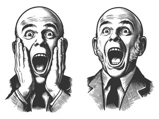 Wall Mural - Excited happy surprised bald man screaming in shock exaggerated facial expression sketch engraving generative ai fictional character raster illustration. Scratch board imitation. Black and white image