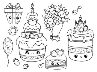 Wall Mural - Holiday set. Cute kawaii cartoon character. Birthday festive cake with candles and strawberries, piece sweet dessert, bouquet flowers, balloon and gif. Isolated vector outline drawings, coloring book