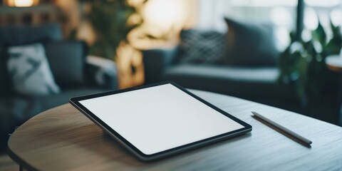 Wall Mural - Tablet and stylus on wooden table.