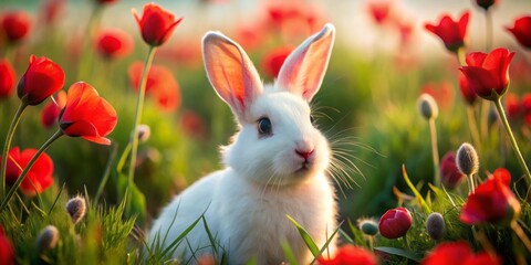 A small white rabbit with striking red eyes and delicate pink ears sat amidst a vibrant field of poppies, their scarlet petals swaying in the breeze.