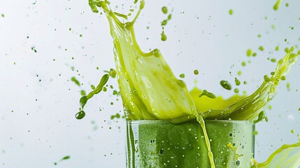 3. Close-up of a green smoothie splashing with vibrant liquid arcs, captured in motion on a clean white backdrop.