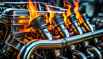 Wall Mural - Fiery close-up of a complex metal car engine with flames erupting from the exhaust