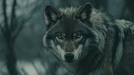 Wall Mural - Close-up portrait of a wolf's face with piercing eyes in a dark forest