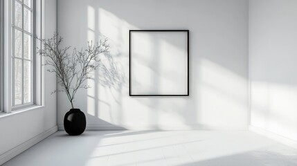 Wall Mural - White home interior with minimal decor and a mockup frame Bright, clean space