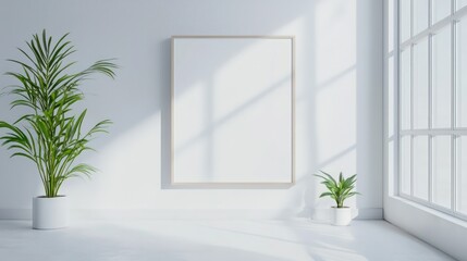 Wall Mural - White home interior with minimal decor and a mockup frame Bright, clean space