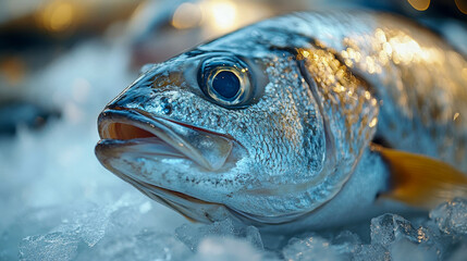 Close-up of a sparkling fresh fish resting on ice, illuminated by the market lights