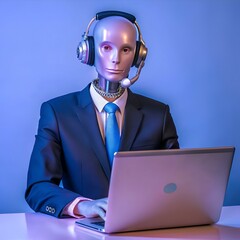 Wall Mural - A futuristic robot in a suit and headset sits at a desk with a laptop. representing automated customer service and the rise of AI in the workplace.