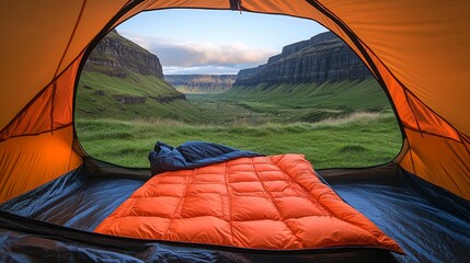 Wall Mural - Looking out from an orange tent, a breathtaking view reveals a lush grassy valley surrounded by towering mountains under a bright blue sky. The perfect camping spot invites exploration