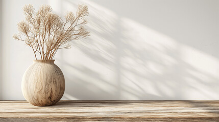 Wall Mural - Minimalist dried flowers in a wooden vase casting soft shadows on a wooden table