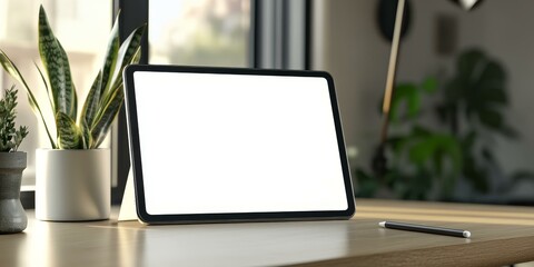 Wall Mural - A tablet, stylus, and potted plants on a table.