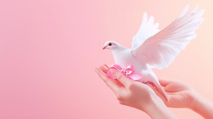 A graceful white dove released from hands, symbolizing peace and freedom against a soft pink background.