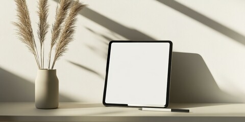 Wall Mural - Tablet, pen, vase, and dried flowers on a white surface.