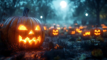 a spooky pumpkin patch at night, jack-o-lanterns glowing softly in the fog, the moonlight shining th