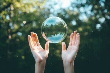 Wall Mural - Female hands captured photography sphere bubble.