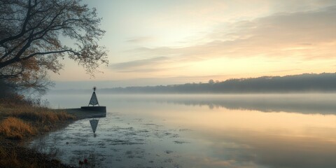 Sticker - A metal structure stands in a misty lake at sunrise.