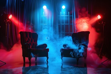 Two chairs under the light beams in the smoke