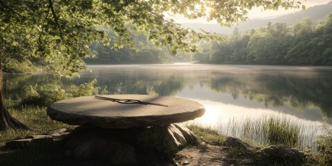 Sticker - A stone table by a misty lake in a forest.