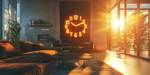 Wall Mural - Modern living room with large clock and sunset view.