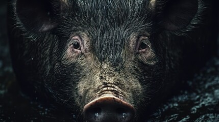 Wall Mural - Close-up of a Pig's Face with Wet Fur and Eyes