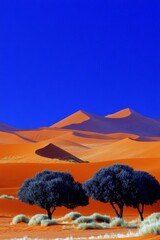 Poster - The golden sand dunes of the Sahara Desert stretch across the landscape, contrasting beautifully with the vibrant blue sky above, creating a serene and picturesque environment