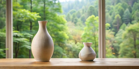 Two ceramic vases on wooden surface in front of window with blurry forest view