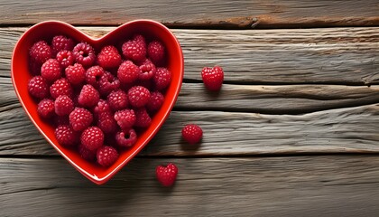 Heart-shaped bowl brimming with fresh raspberries on a rustic wooden table, perfect for romantic designs and Valentines Day themes with ample space for text.