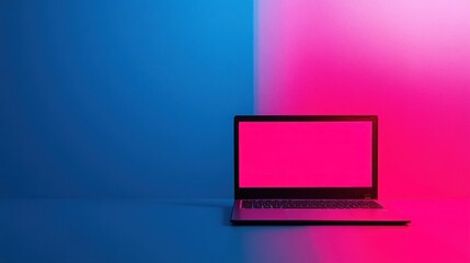 Poster - Laptop with Blank Screen Under Pink and Blue Lights