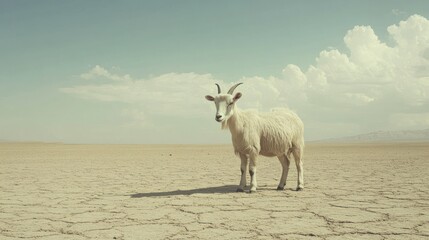 A lone white goat standing on a cracked desert plain