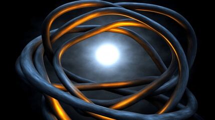 Aufkleber - Abstract 3D rendering of intertwined metallic shapes with glowing accents against a dark background, creating a futuristic atmosphere